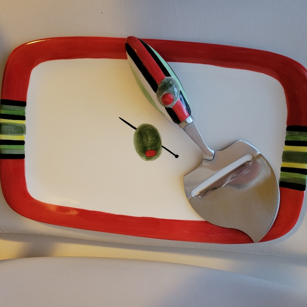 Fitz and Floyd "Cocktails Anyone?" Tray & Cheese Slicer Like New Olive ~ Martini